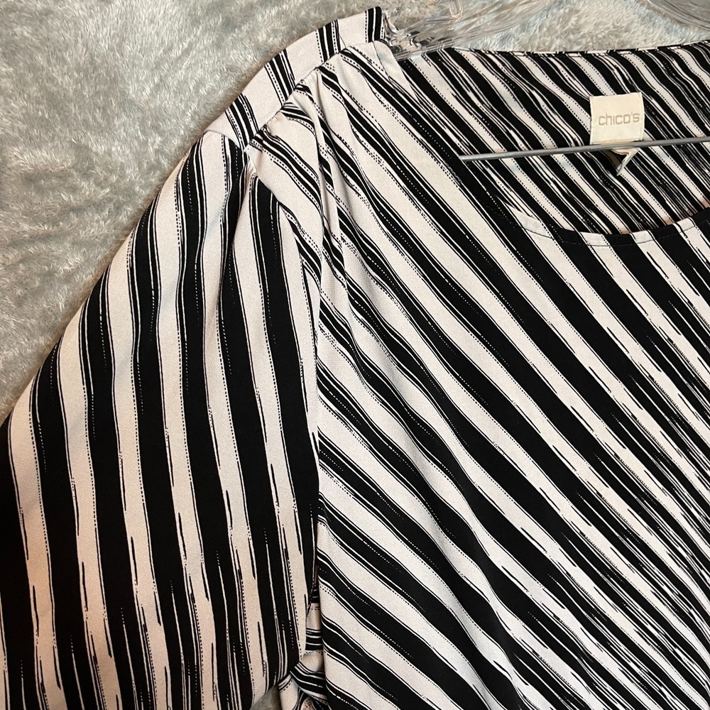 Chicos Womens Size 2-L Monogram Striped Modern Office Ruched Waist Blouson Top